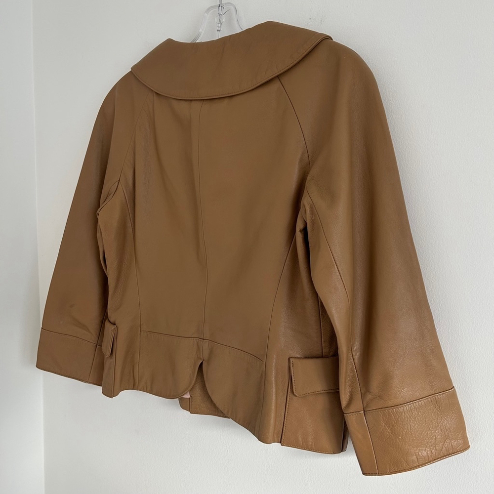 VINTAGE 100% Leather Nine West Cropped Peter Pan Collar Beige Jacket Size XS - Picture 13 of 15